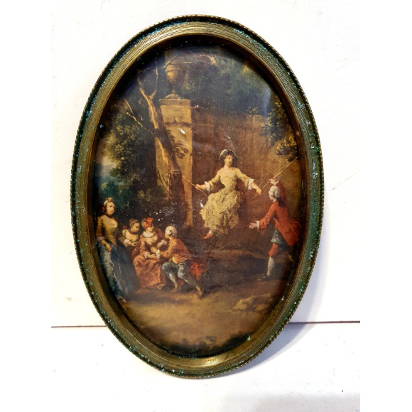 Винтажная картина на шелке под стеклом в латунной раме