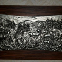 Картина оловянная на дереве Охота олени